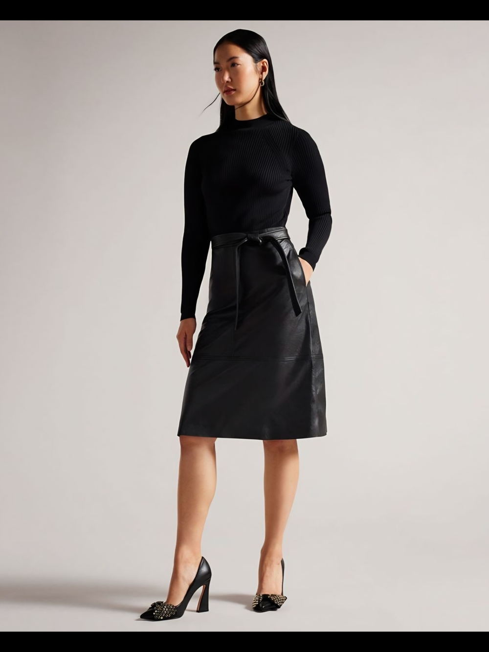 Ted Baker Alltaa Knitted Body Dress with Faux Leather Midi Skirt (belt tie) NWT